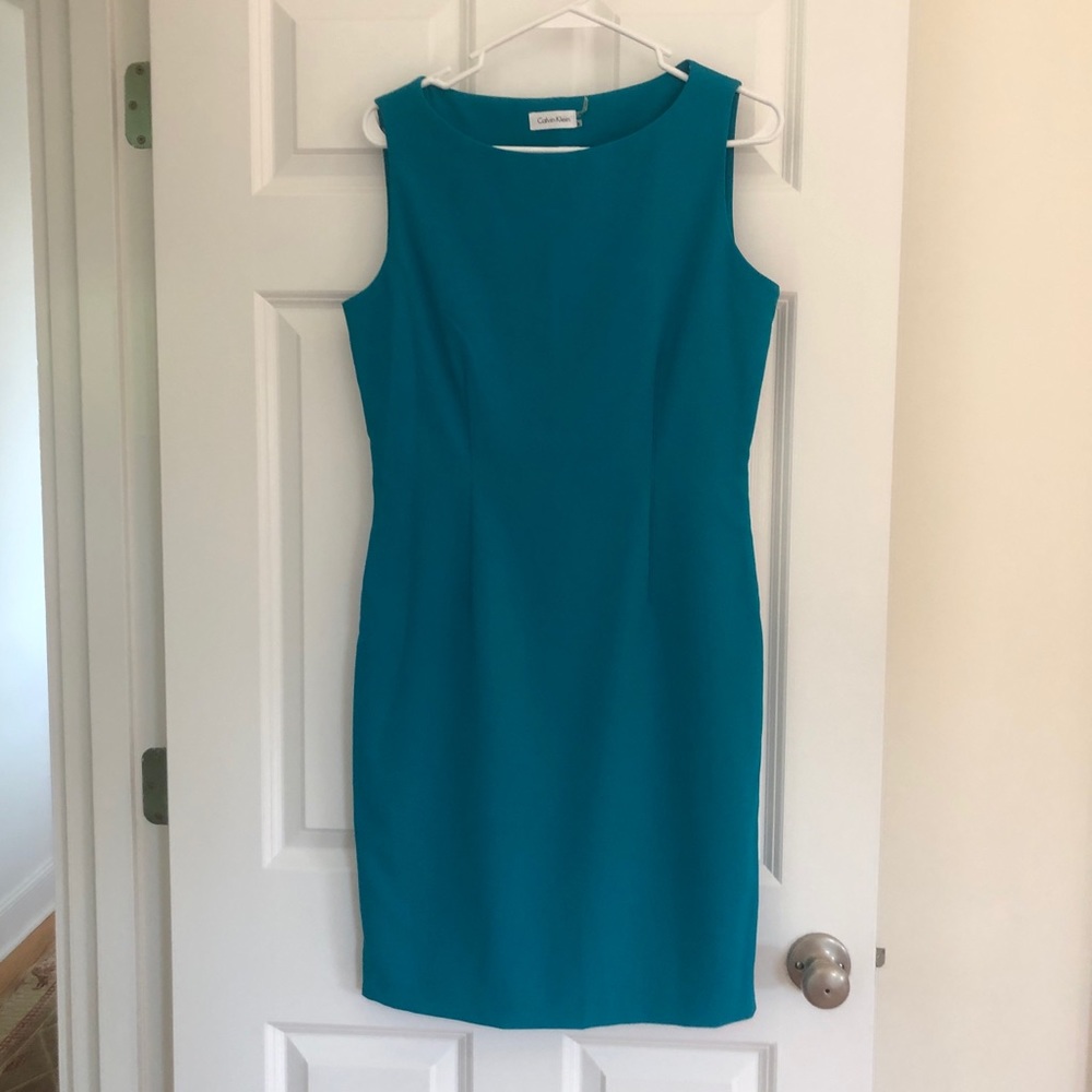 Calvin Klein blue/teal sheath dress with side zip